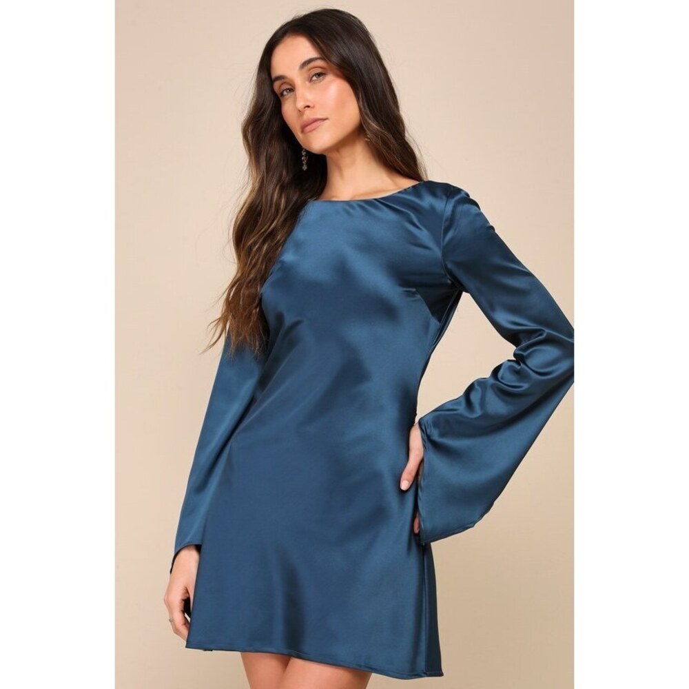 NWT Lulus Sincerely Sleek Dark Blue Satin Cowl Back Slip Mini Dress - Size M